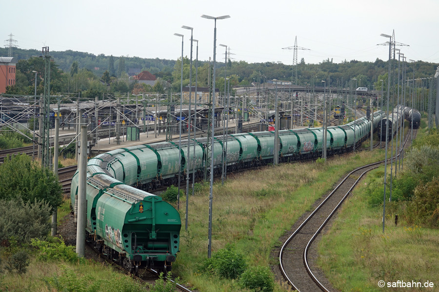 Der Ganzzug in kompletter Länge. Im Hintergrund die Streckenlok Class 77. Diese wird den Zug später weiter fahren.