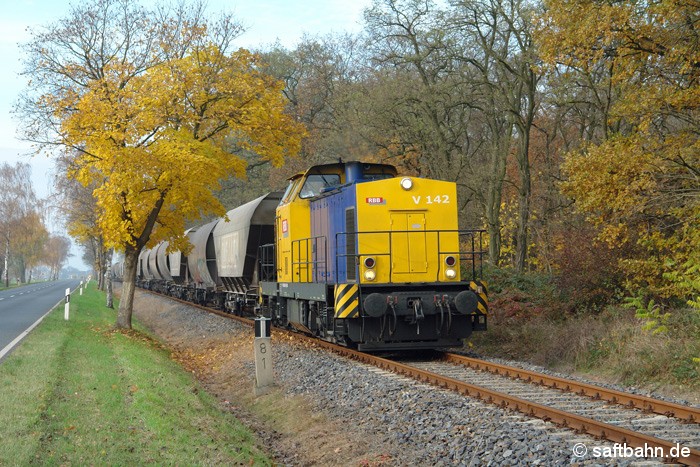 Spätherbst an der Saftbahn: Am 08.11.2008 präsentierte sich die Baumallee im Stakendorfer Busch bei Sandersdorf schon sehr kahl. Passend zur Lokfarbe, konnte die V142 mit ihrem Leergetreidezug aus Zörbig, am Kilometer 8,1 mit einem gelben Blätterwerk behangenen Laubbaum abgelichtet werden. 